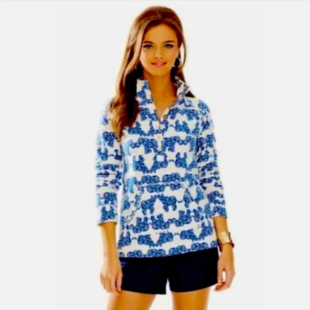 Lilly Pulitzer White Blue Elephant Print Captain Popover Pullover Top XXS EUC